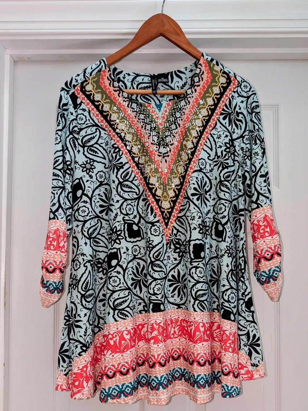 new directions Light Blue Floral V-Neck Tunic with Coral Trim